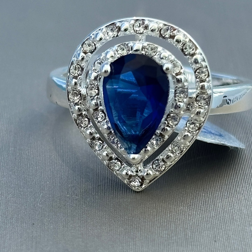 Teardrop Blue Sapphire & Diamond Halo Silver Ring